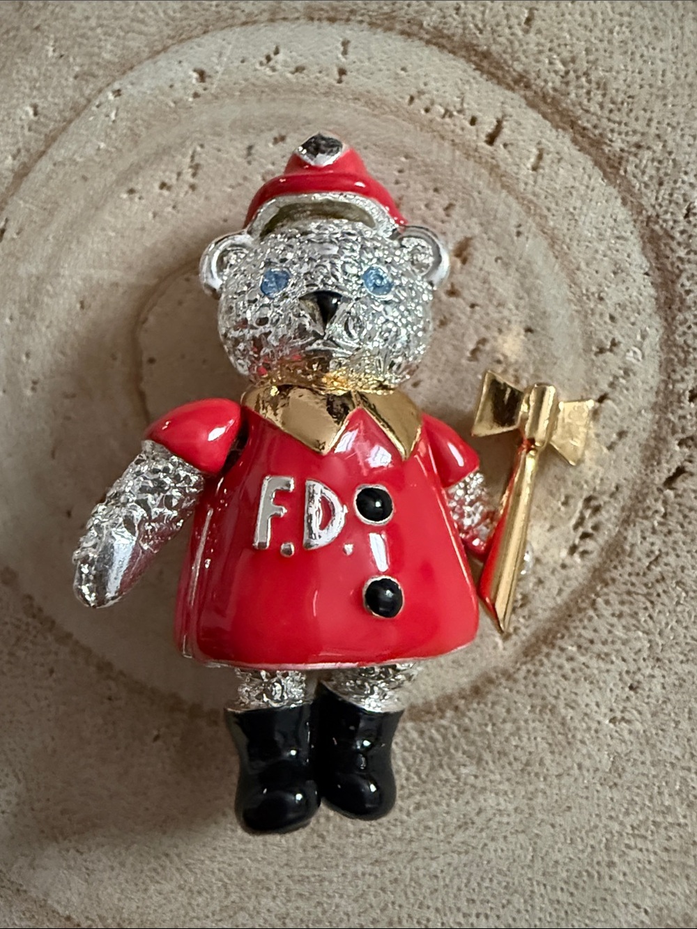 Vintage Napier Articulated Firefighter Bear brooch pin signed 2”